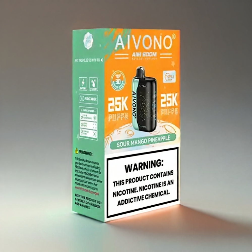Aivono Aim Boom 25000 Puffs Vape Sur Mango Ananas - 0-5% Nikotin, 28ml, 650mAh, Type-C, 1.2Ω, 90g, OEM/ODM - Engros Danmark