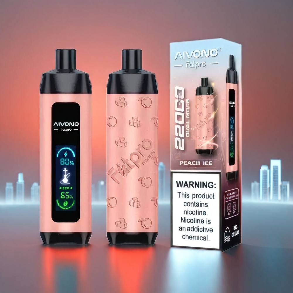 Aivono Aim Fatpro Fersken 22000 Puffs 28ml 5% Nikotin 600mAh 0.6Ω Mesh Eco/Boost VG/PG Engros Danmark