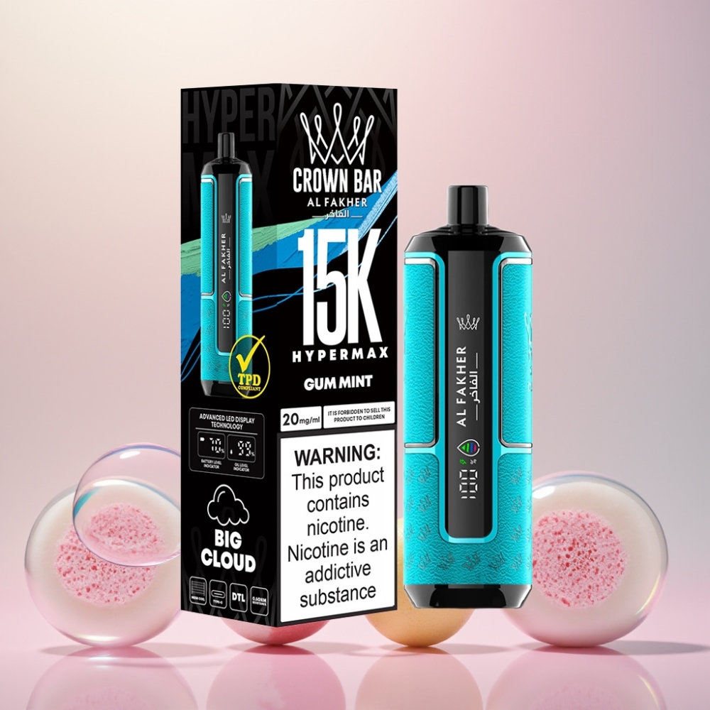 Al Fakher Crown Bar 15K Hypermax Engangs Vape Kit Tygge-Mynte 22ml 600mAh Type-C 20mg DTL Engros Danmark