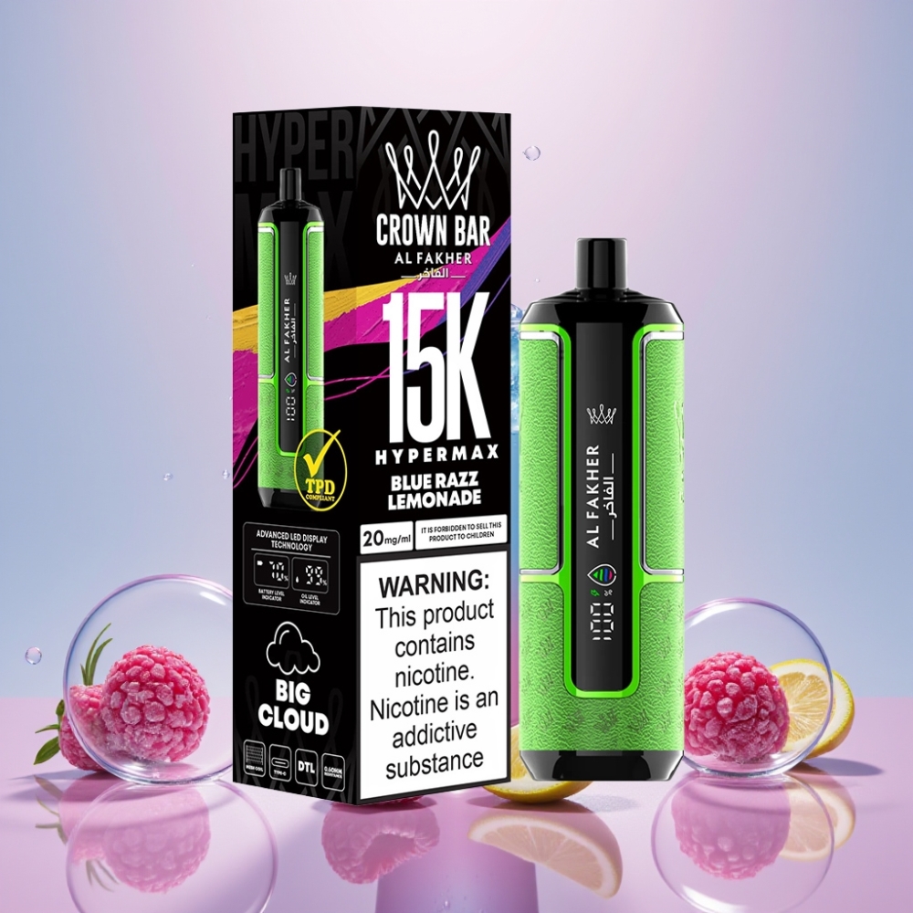 Al Fakher Crown Bar 15K Hypermax Pust Blå Hindbær Lemonade 22ml 600mAh Type-C 20mg DTL Engros Danmark
