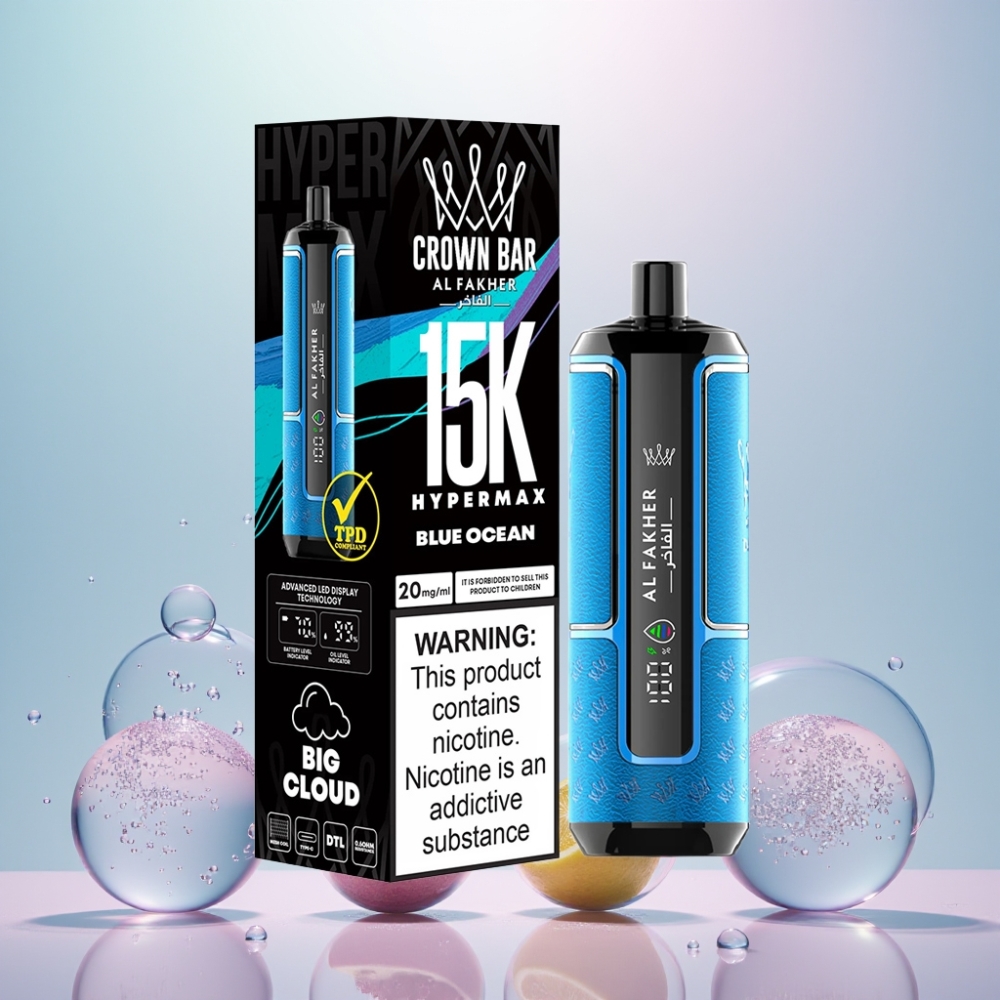 Al Fakher Crown Bar 15K Hypermax Pust Engangs Vape Kit Blå Hav 22ml 600mAh Type-C 20mg DTL Engros Danmark