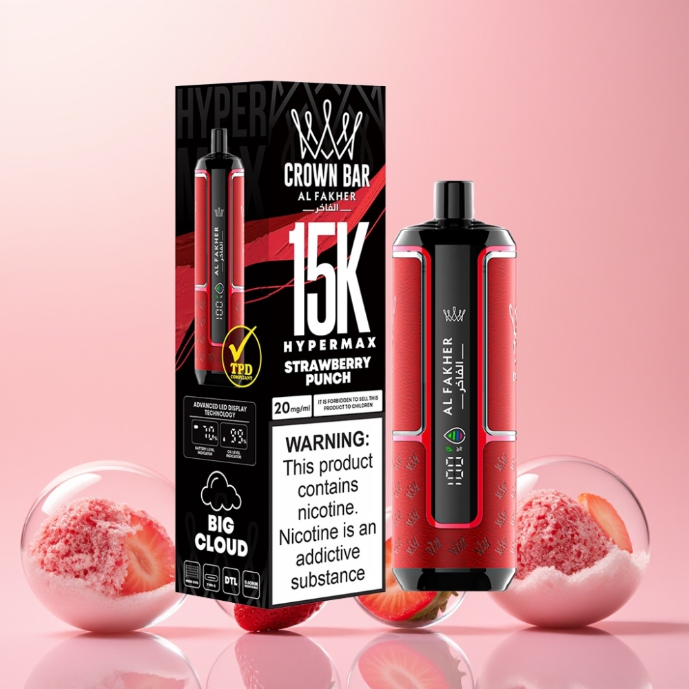 Al Fakher Crown Bar 15K Hypermax Puste 22ml 600mAh Type-C 20mg DTL Jordbær Punch Engros Danmark