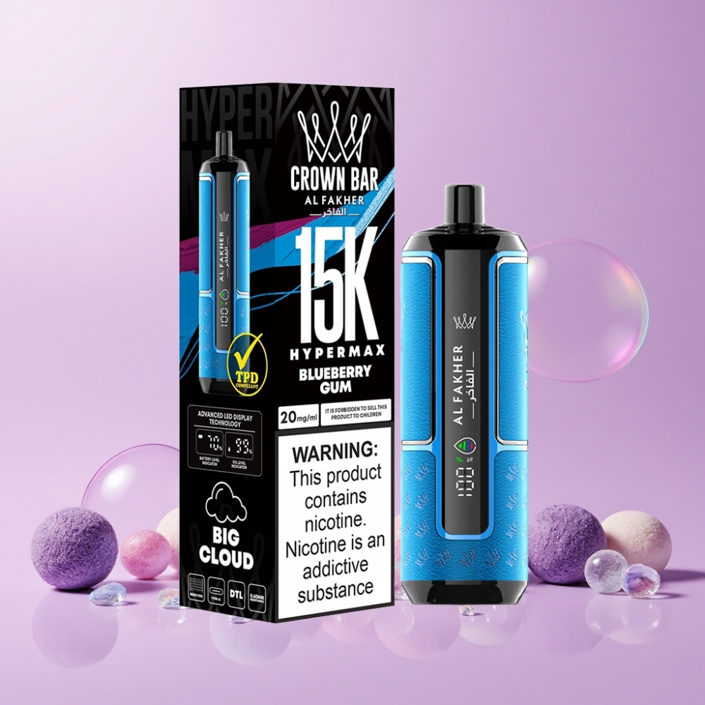 Al Fakher Crown Bar 15K Hypermax Puste Engangs Vape Kit Blåbær Tyggegummi 22ml 600mAh Type-C 20mg Engros Danmark
