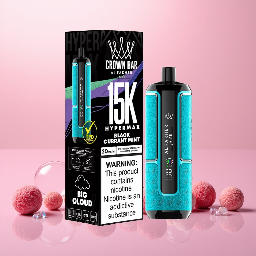 Al Fakher Crown Bar 15K Hypermax Puste Engros Bær Mynte 22ml 600mAh Type-C 20mg DTL Engros Danmark
