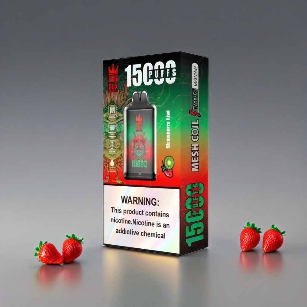 Bang Box 15000 Puffs Vape Jordbær Kiwi 23ml 0%/2%/3%/5% 650mAh TYPE-C 1x10 Engros Danmark