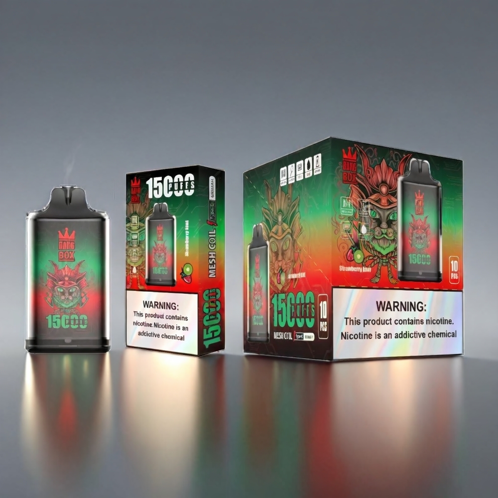 Bang Box 15000 Puffs Vape Jordbær Kiwi 23ml 0%/2%/3%/5% 650mAh TYPE-C 1x10 Engros Danmark
