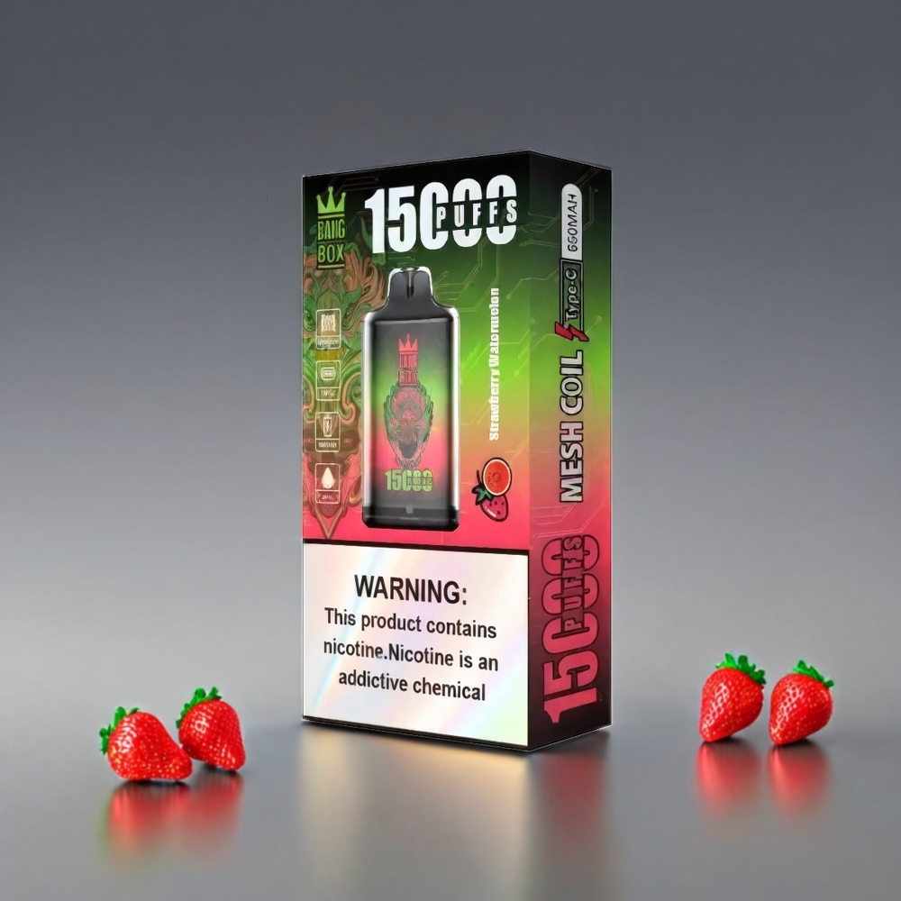 Bang Box Efterfyldningsbar 15000 Puffs Jordbær Vandmelon 23ml 0%/2%/3%/5% 650mAh TYPE-C 1x10 Engros Danmark