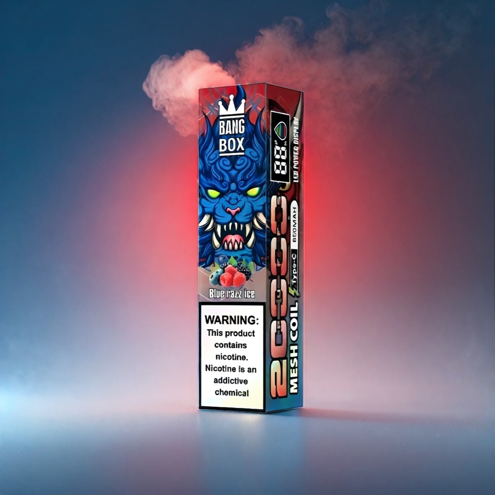Bang Box 20000 Puffs Vape Blå Hindbær - 5% Nikotin, 20000 Puffs, 35ml, 850mAh, Mesh Coil, 200 stk Engros Danmark