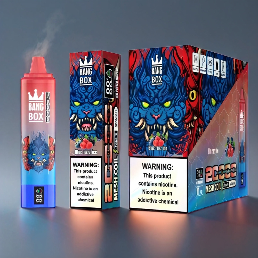 Bang Box 20000 Puffs Vape Blå Hindbær - 5% Nikotin, 20000 Puffs, 35ml, 850mAh, Mesh Coil, 200 stk Engros Danmark