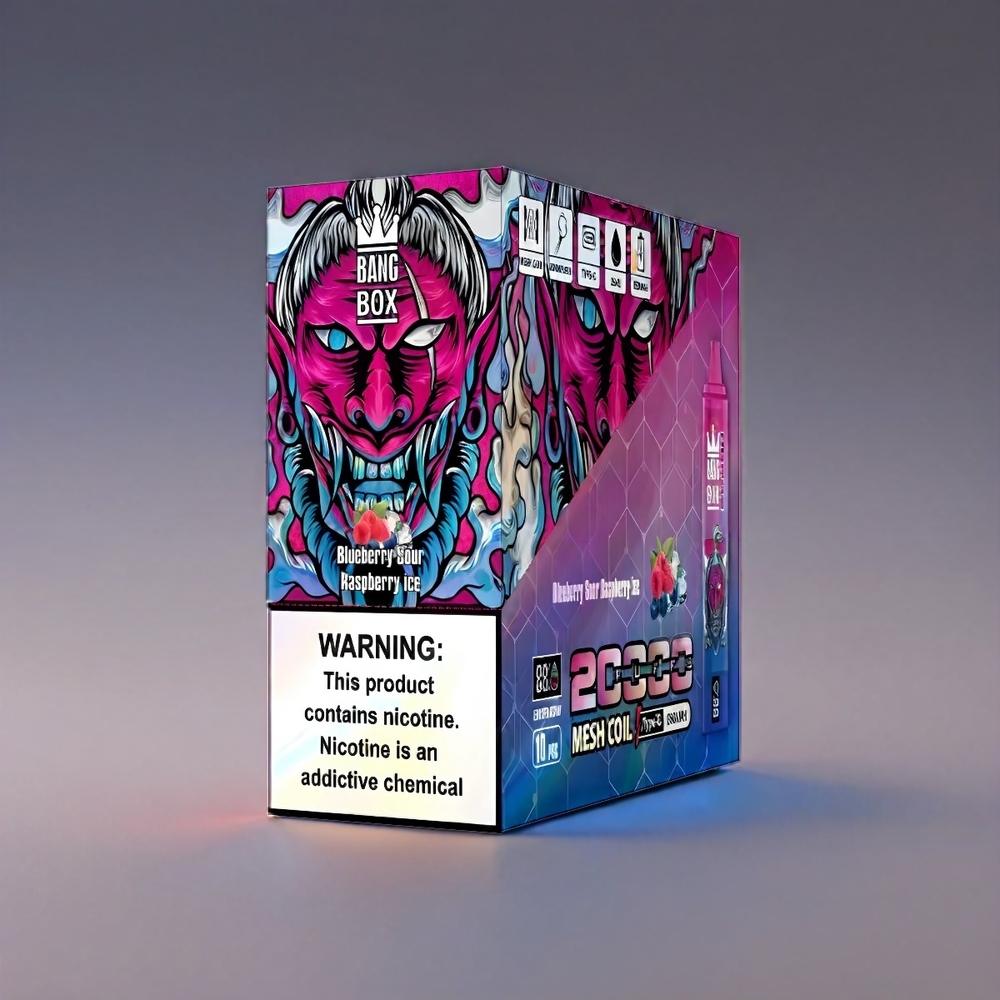 Bang Box 20000 Puffs Vape Blåbær Sur Hindbær - 5% Nikotin, 35ml, 850mAh, Mesh Coil Engros Danmark