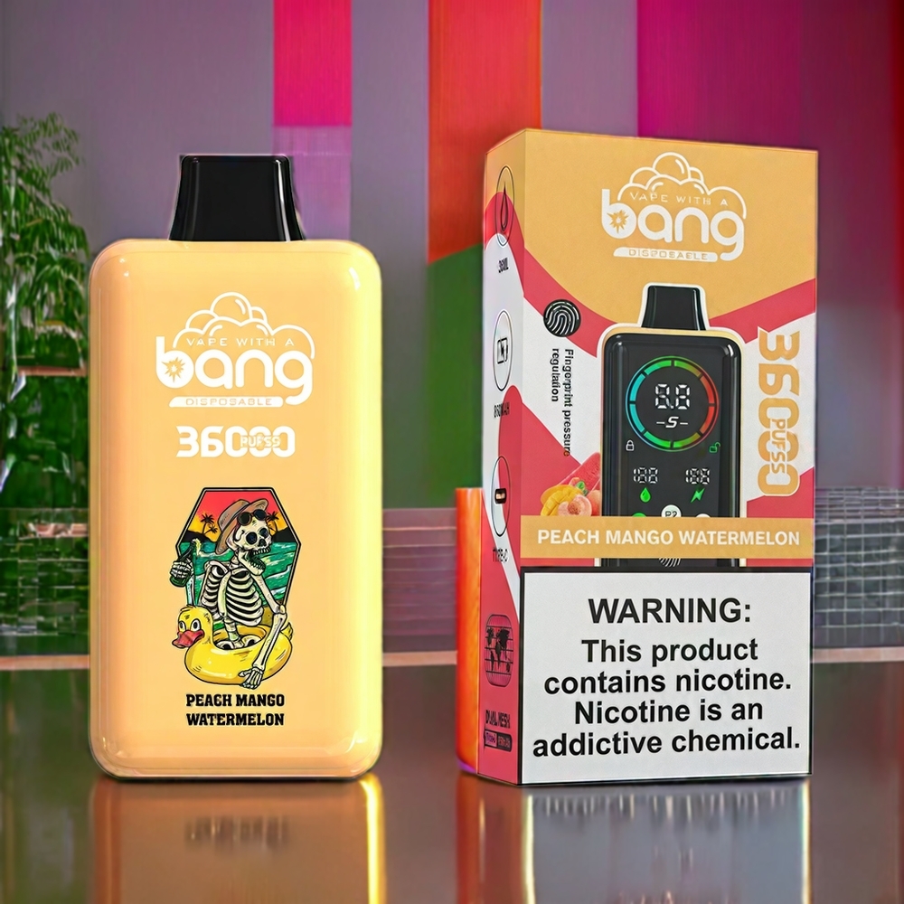 Bang 36000 36000 Pust Fersken Mango Vandmelon 0% Nikotin 850mAh 36ml 1.0 Ohm Mesh 52 27 110.6MM 121g Engros Danmark