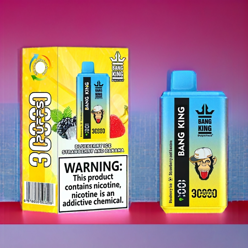 Bang King 30000 Puffs Engangs Vape Blåbær Is Jordbær Og Banan 36ml 550mAh 1.2 Mesh Dual Coil Type-C Engros Danmark