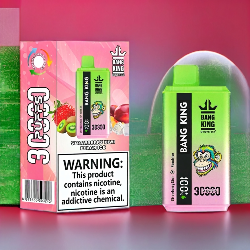 Bang King 30000 Puffs Engangs Vape Jordbær Kiwi Fersken Is 36ml 550mAh 1.2 Mesh Dual Coil Type-C Engros Danmark