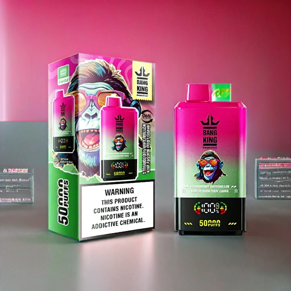 Bang King 50000 Disposable Vape Jordbær Vandmelon Kiwi Passionsfrugt Guava 50000 puff 50ml 850mAh 1.0 mesh coil Type-c bundluftjustering Engros Danmark