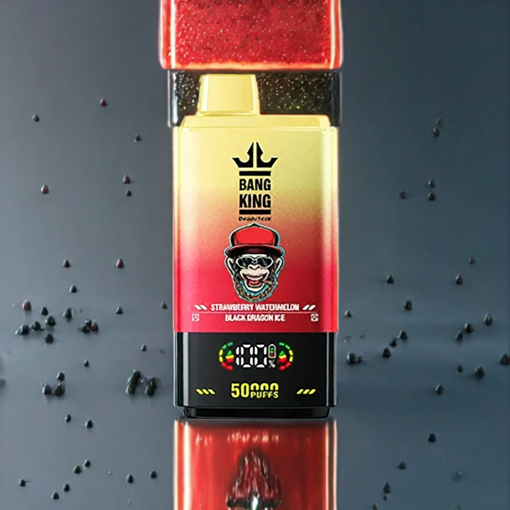 Bang King 50000 Disposable Vape Jordbær Vandmelon Sort Drage Is 50000 puffs 50ml 850mAh 1.0 mesh coil Type-C bundluftsjustering Engros Danmark