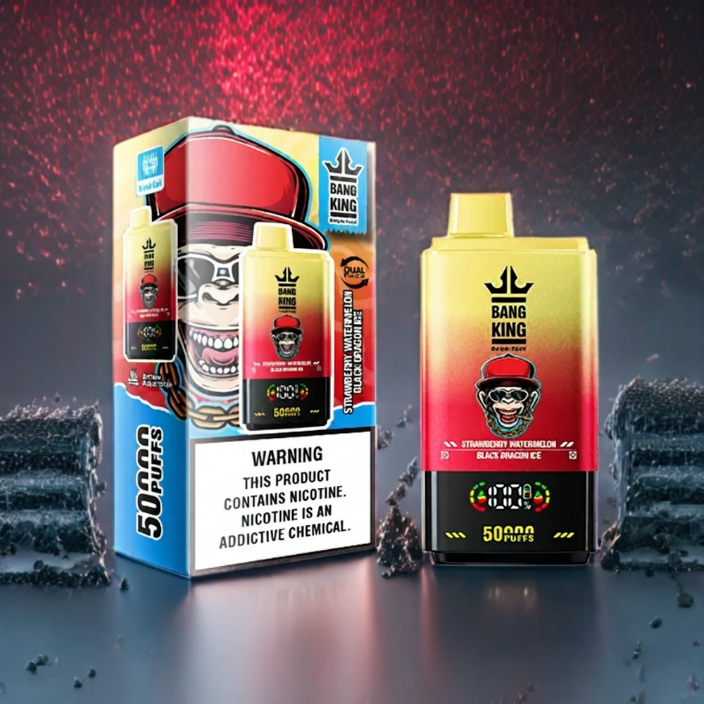 Bang King 50000 Disposable Vape Jordbær Vandmelon Sort Drage Is 50000 puffs 50ml 850mAh 1.0 mesh coil Type-C bundluftsjustering Engros Danmark
