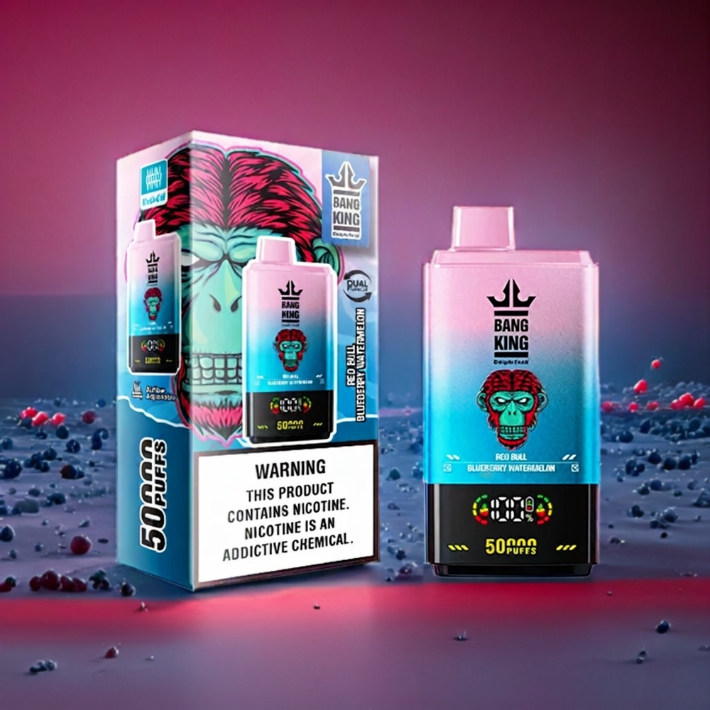 Bang King 50000 Disposable Vape Rød Tyr Blåbær Vandmelon 50000 puff 50ml 850mAh 1.0 mesh coil Type-C bund airflow justering Engros Danmark