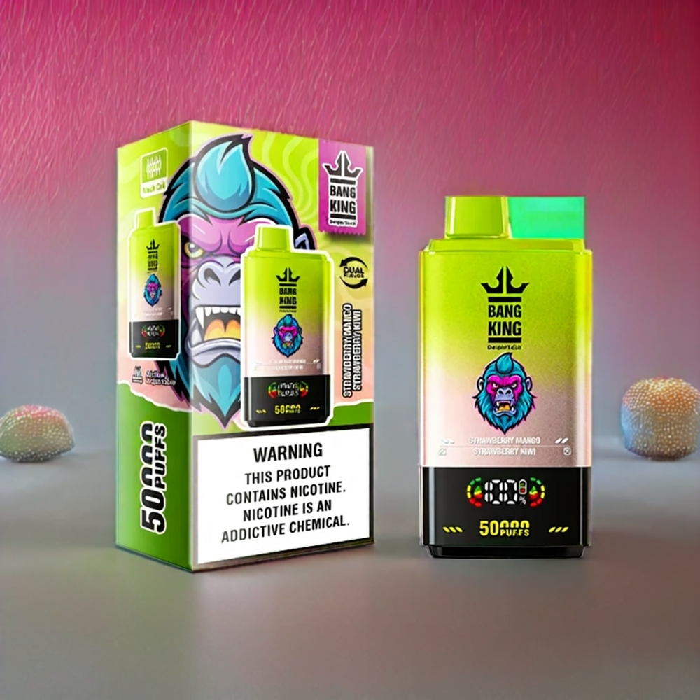 Bang King 50000 engangs vape jordbær mango jordbær kiwi 50000 puf 50ml 850mAh 1.0 mesh coil Type-C bund airflow justering Engros Danmark