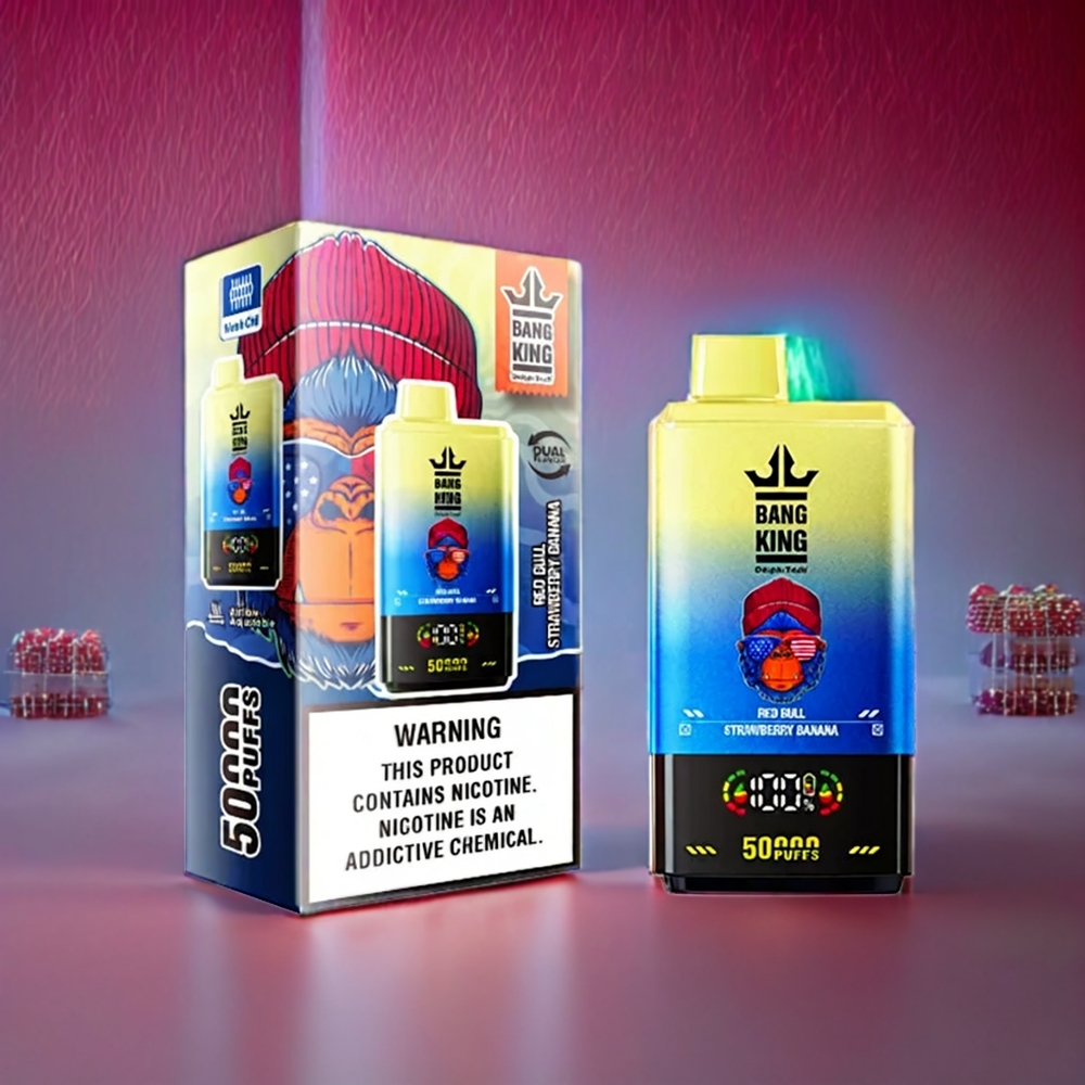 Bang King 50000 engangsdamp Rød Tyr Jordbær Banan 50000 puff 50ml 850mAh 1.0 mesh coil Type-C bund airflow justering Engros Danmark