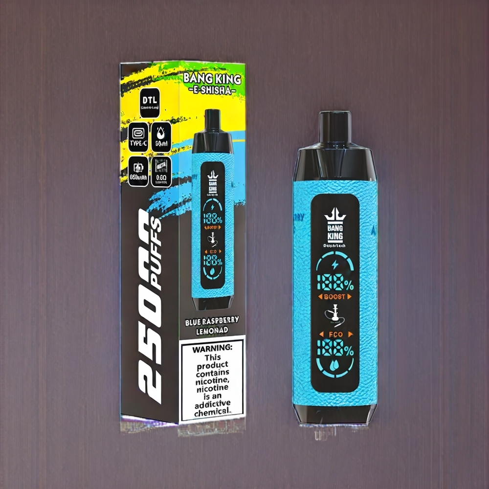 Bang King Shisha 25000 Puffs 30ml 650 mAh 0.6 Ohm Type-C 0%/2%/3%/5% Blå Hindbær Lemonade Engros Danmark