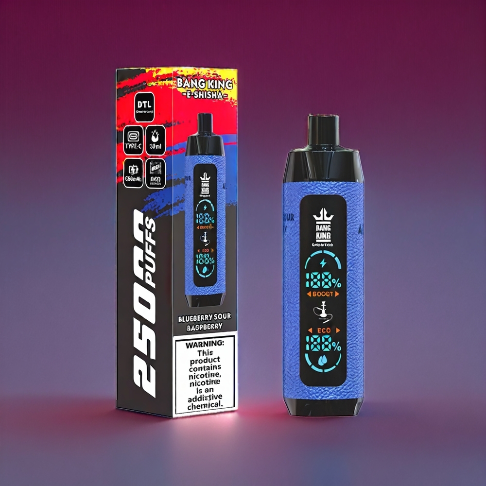 Bang King Shisha 25000 Puffs 30ml 650 mAh 0.6 Ohm Type-C 0%, 2%, 3%, 5% Blåbær Sur Hindbær Engros Danmark