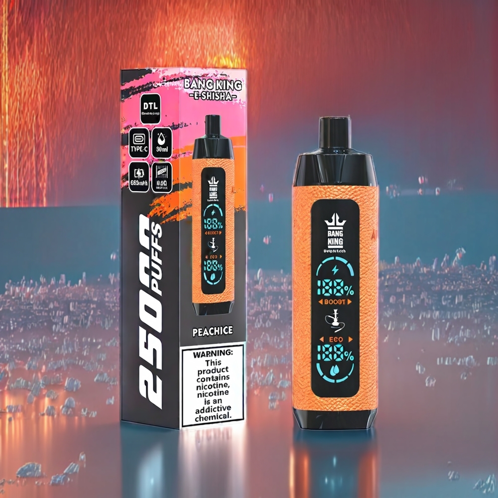 Bang King Shisha 25000 Puffs 30ml 650 mAh 0.6 Ohm Type-C 0%-5% Fersken Is Engros Danmark