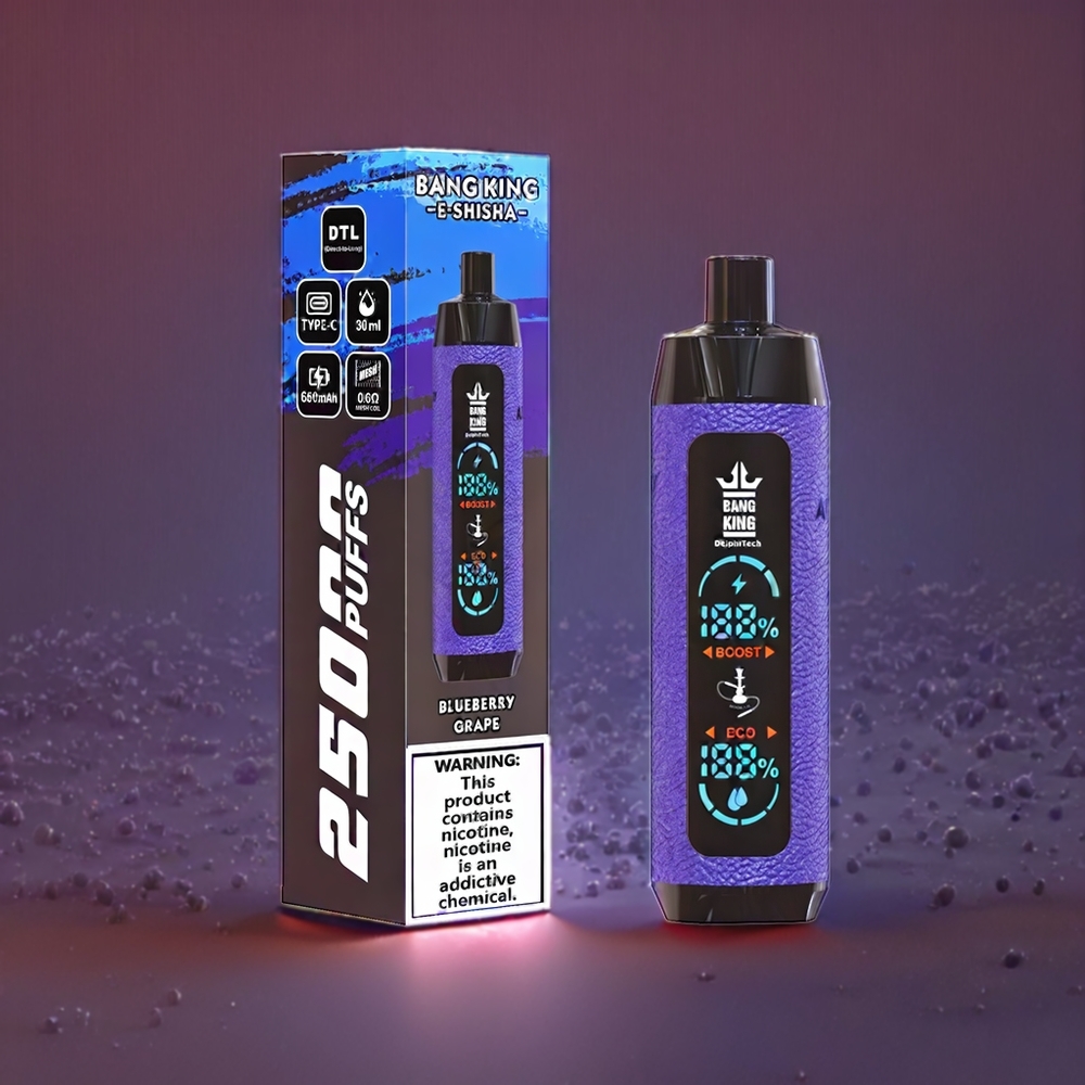 Bang King Shisha 25000 Puffs Engangs Vape Blåbær Drue 30ml 650 mAh 0.6 Ohm Type-C 0%-5% Engros Danmark