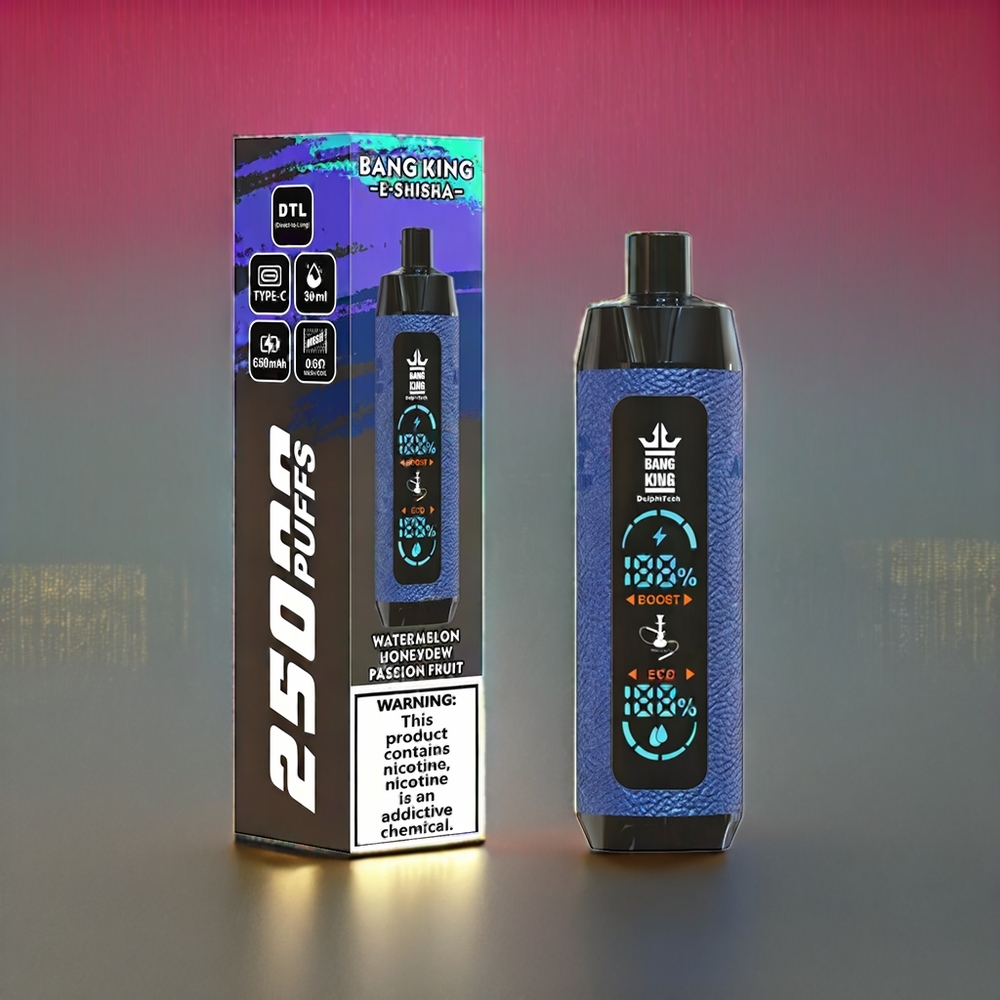 Bang King Shisha 25000 Puffs Vandmelon Honningmelon Passionsfrugt 30ml 650 mAh 0,6 Ohm Type-C 0%/2%/3%/5% Engros Danmark