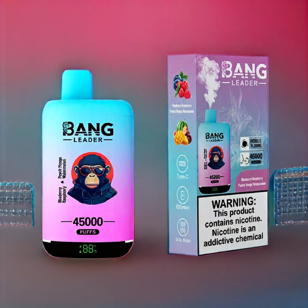 Bang Leader 45000 Puffs Engangs Vape Blåbær Hindbær Fersken Mango Vandmelon 0% 2% 3% 5% Nikotin Smart Skærm Type-C USB Port Dual Smag 2-i-1 Design Engros Danmark