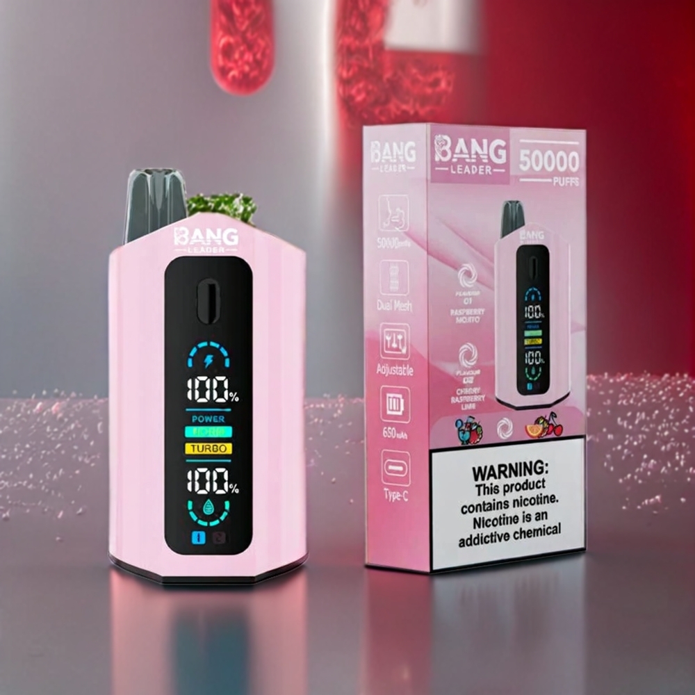 Bang Leader 50000 Puffs 0%-5% Nikotin 13400mAh 36ml Type-C Ladning 2-i-1 Hindbær Mojito Kirsebær Hindbær Lime Engros Danmark