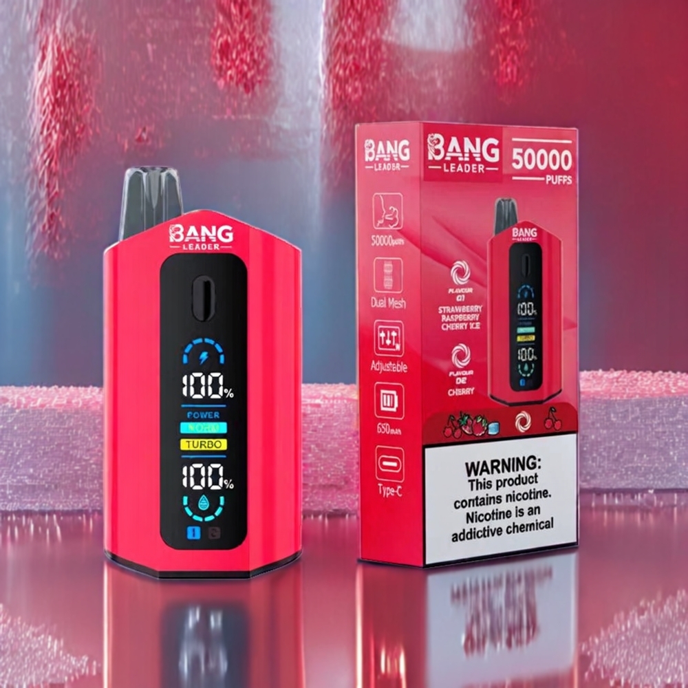 Bang Leader 50000 Puffs Engangs Vape Jordbær Hindbær Kirsebær Is Kirsebær 13400mAh 36ml Type-C Engros Danmark