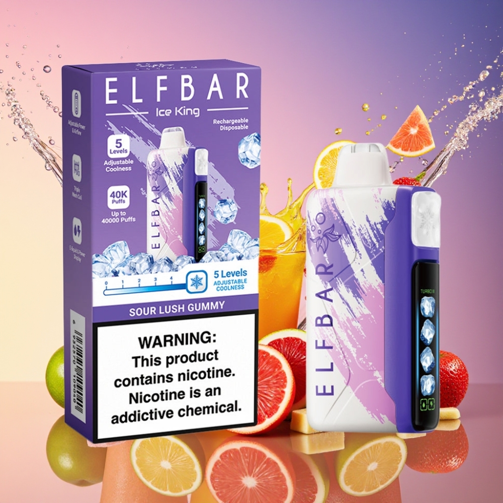 ELF BAR Ice King 40000 Puffs Justerbar Køling 20ml 5% Nikotin 850mAh Batteri LCD Skærm Dual Luftflow Sour Lush Gummy Engros Danmark