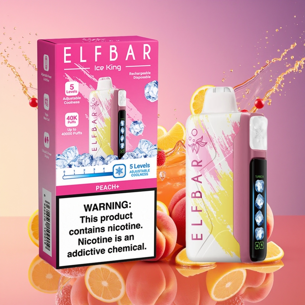 ELF BAR Ice King 40000 Puffs Justerbar Køling LCD Fersken+ 20ml 5% 850mAh Engros Danmark