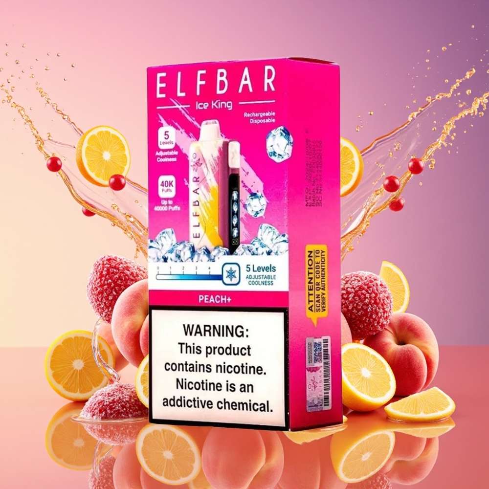 ELF BAR Ice King 40000 Puffs Justerbar Køling LCD Fersken+ 20ml 5% 850mAh Engros Danmark