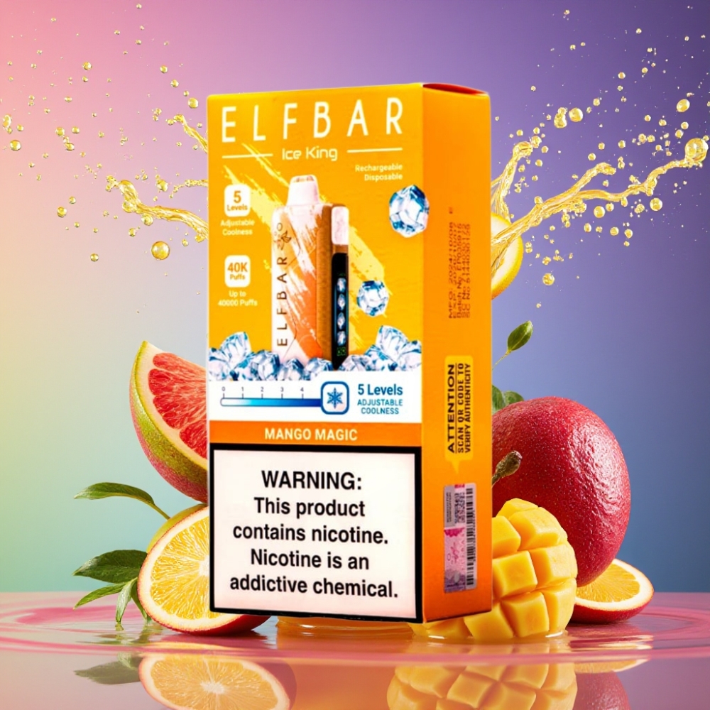 ELF BAR Ice King 40000 Pust Genopladelig 20ml 5% Nikotin 850mAh Justerbar Køling Mangofarvet LCD Engros Danmark