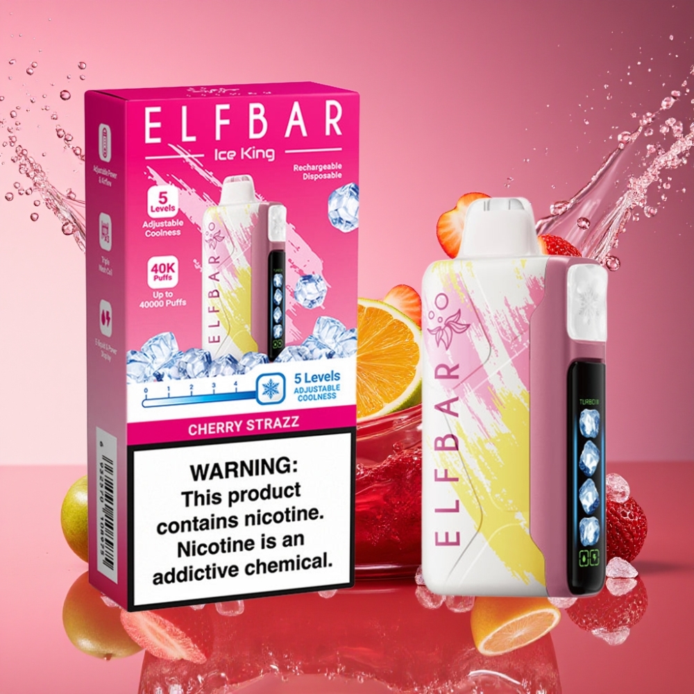 ELF BAR Ice King 40000 Pust Justerbar Køling 20ml 5% Nikotin 850mAh Batteri Cherry Strazz LCD Skærm Engros Danmark