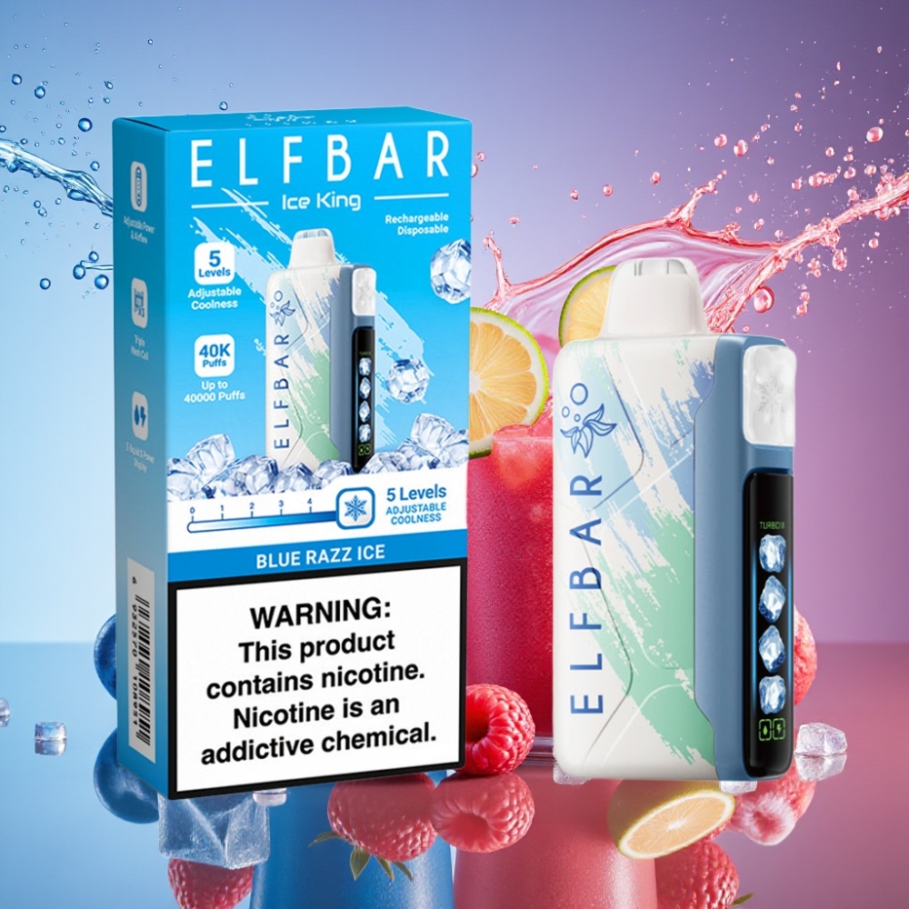 ELF BAR Ice King 40000 Pust Justerbar Køling 20ml 5% Nikotin 850mAh Opladelig Blu Razz Is parameter combination Engros Danmark