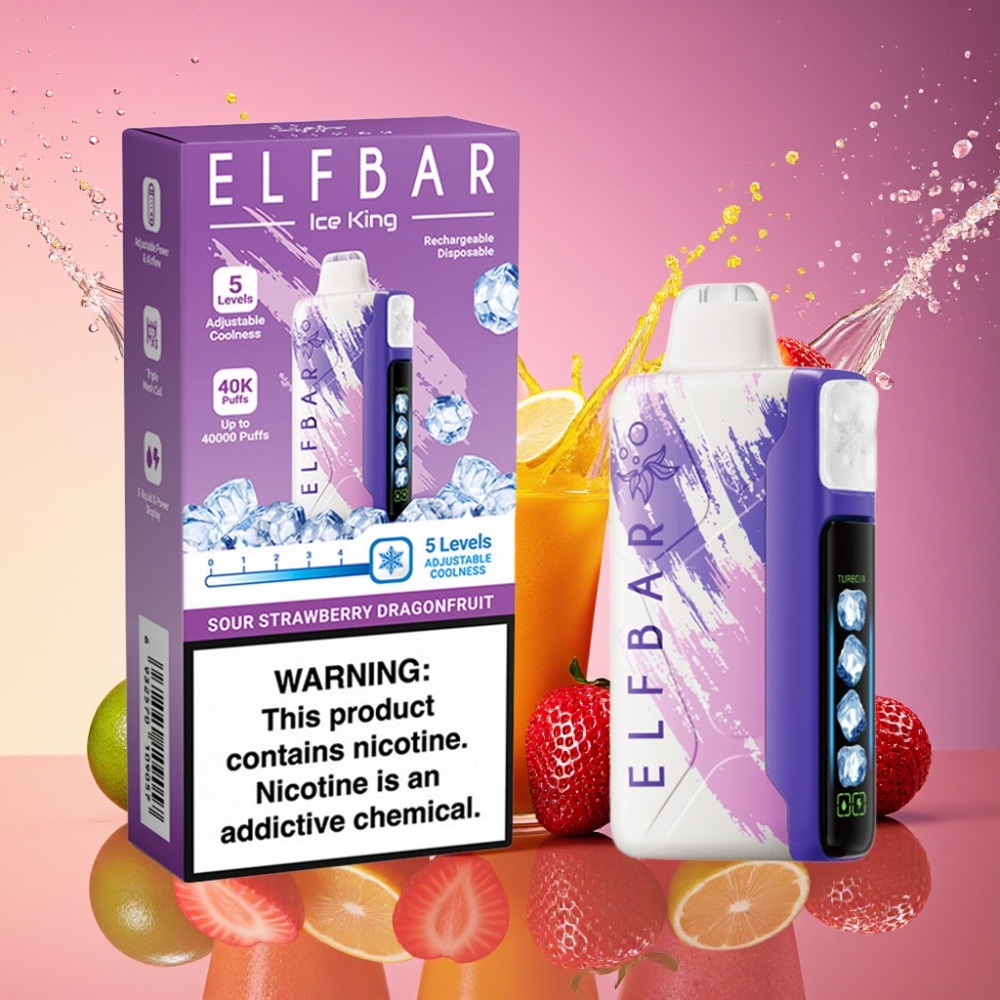 ELF BAR Ice King 40000 Pust Justerbar Køling LCD Skærm Sur Jordbær Dragefrugt 20ml 5% Nikotin 850mAh Opladningsbar Batteri Engros Danmark