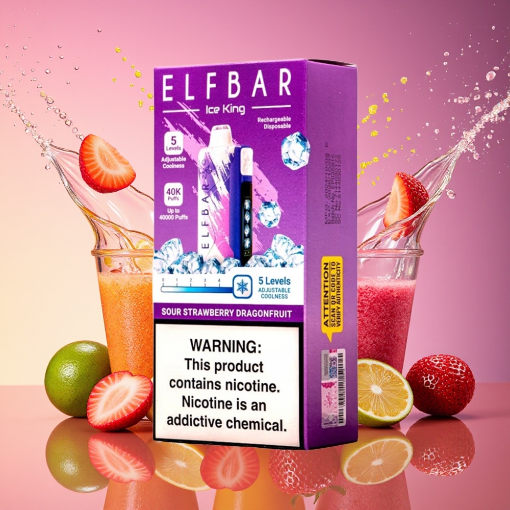 ELF BAR Ice King 40000 Pust Justerbar Køling LCD Skærm Sur Jordbær Dragefrugt 20ml 5% Nikotin 850mAh Opladningsbar Batteri Engros Danmark