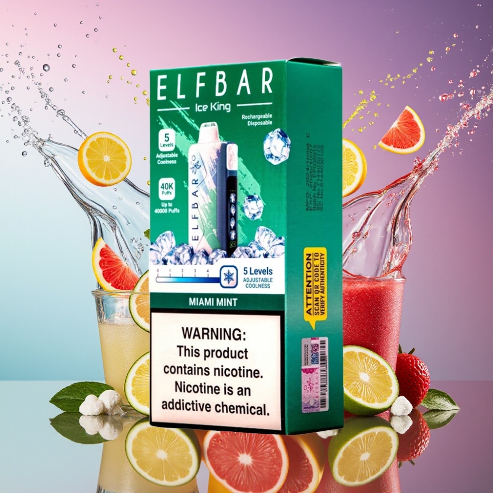 ELF BAR Ice King 40000 Pust Til Genopladelig Vape Miami Mynte 20ml 5% Nikotin 850mAh Batteri Justerbar Køling Dual Luftflow LCD Display Engros Danmark
