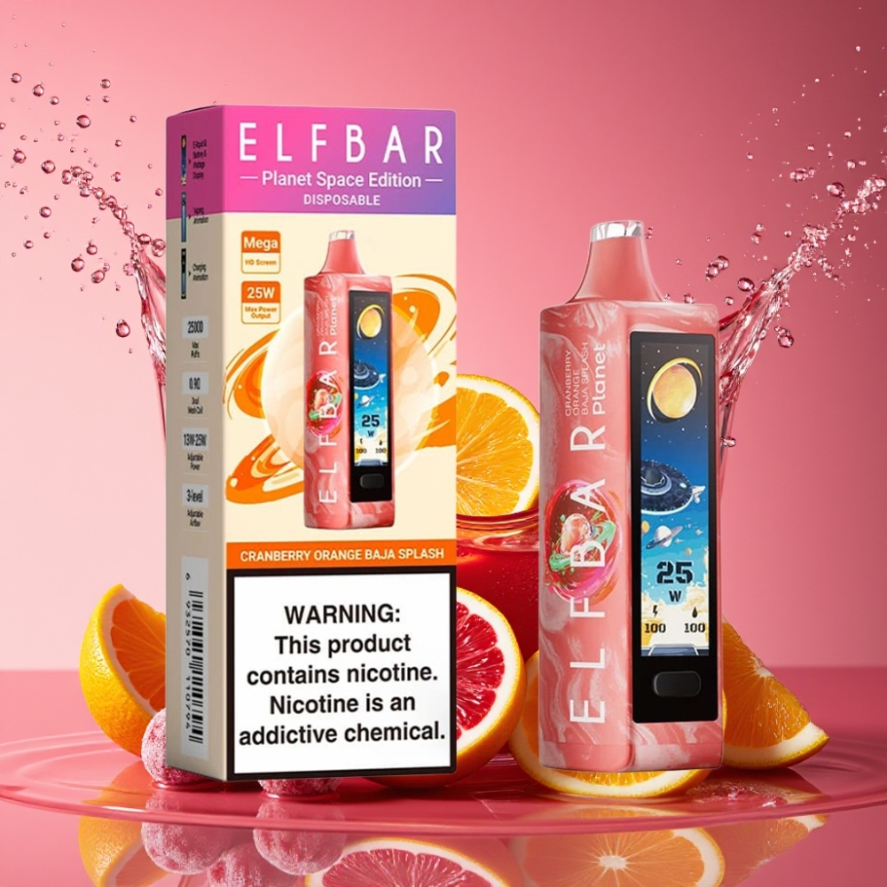ELF BAR Planet 25000 Pust Genopladelig Disposable Vape Tranebær Orange Baja Splash 5% 50mg 18ml 800mAh Mesh Engros Danmark
