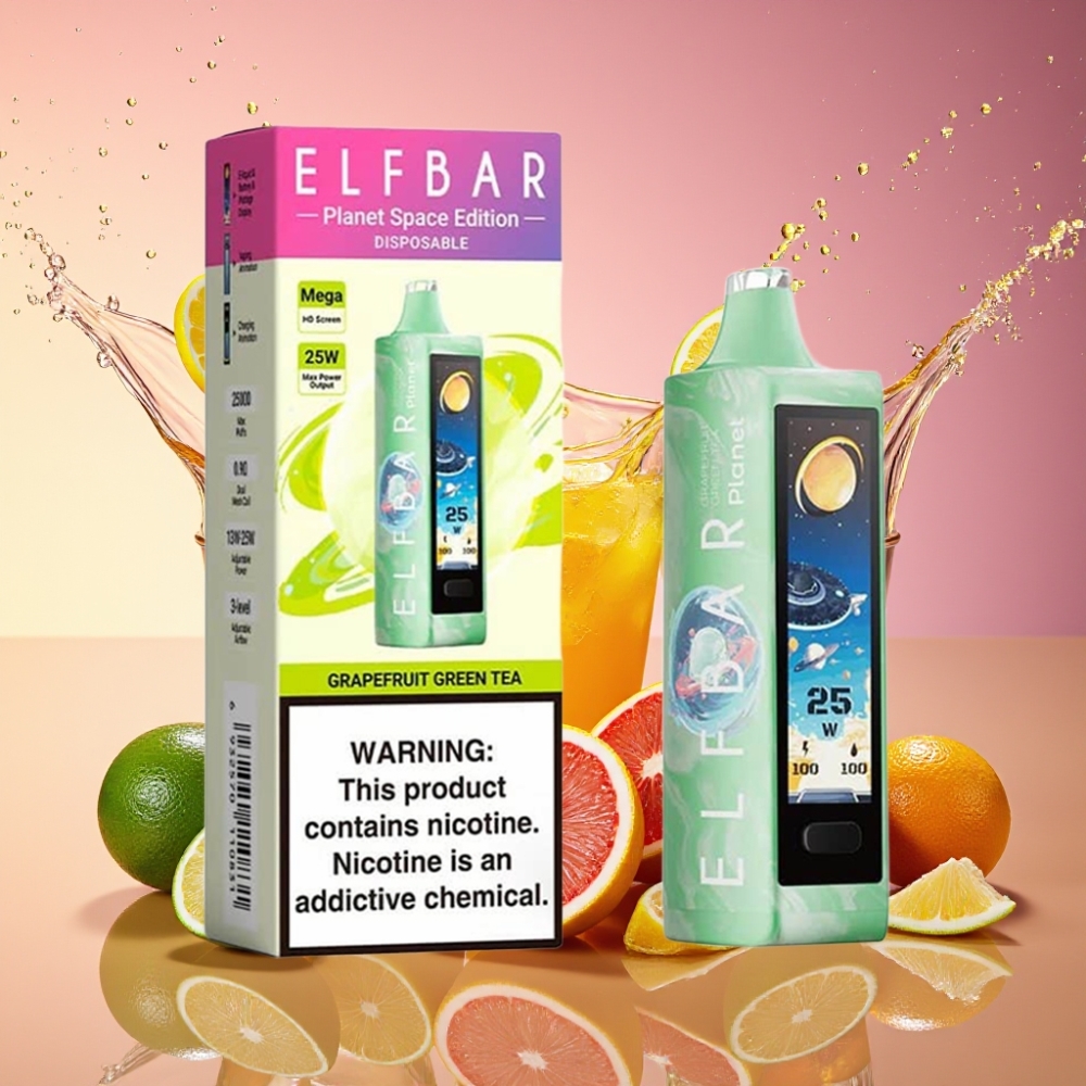 ELF BAR Planet 25000 Pust Opladningsbar Disposable Vape Grapefrugt Grøn Te Mesh Coil 50mg 18ml 800mAh Engros Danmark