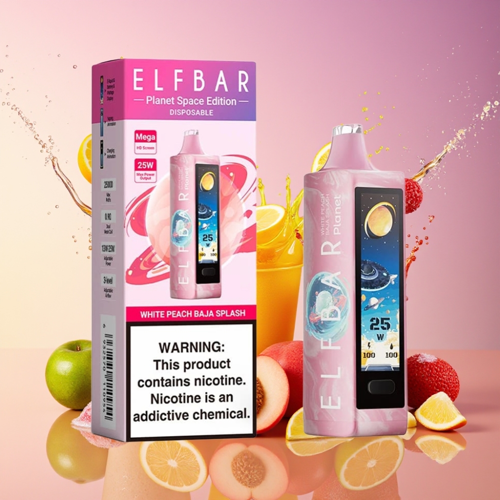ELF BAR Planet 25000 Pust Opladningsbar Disposable Vape Hvid Fersken Baja Splash 5% 50mg 18ml 800mAh Mesh Engros Danmark