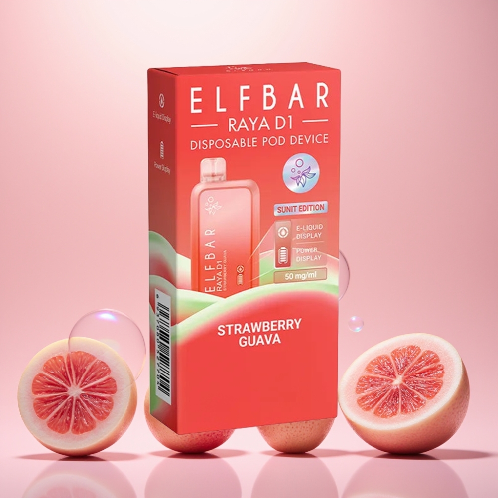 Elf Bar Raya D1 13000 Puffs Engangs Vape Jordbær Guava 18ml 650mAh Type-C 50mg Engros Danmark