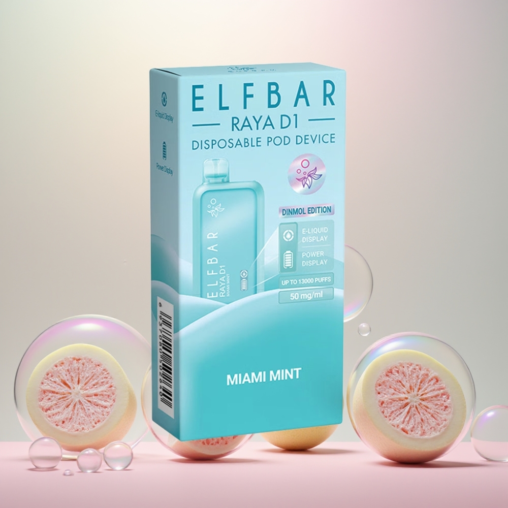 Elf Bar Raya D1 13000 Puffs Engangs Vape Miami Mynte 18ml 650mAh Type-C 50mg/5% Engros Danmark