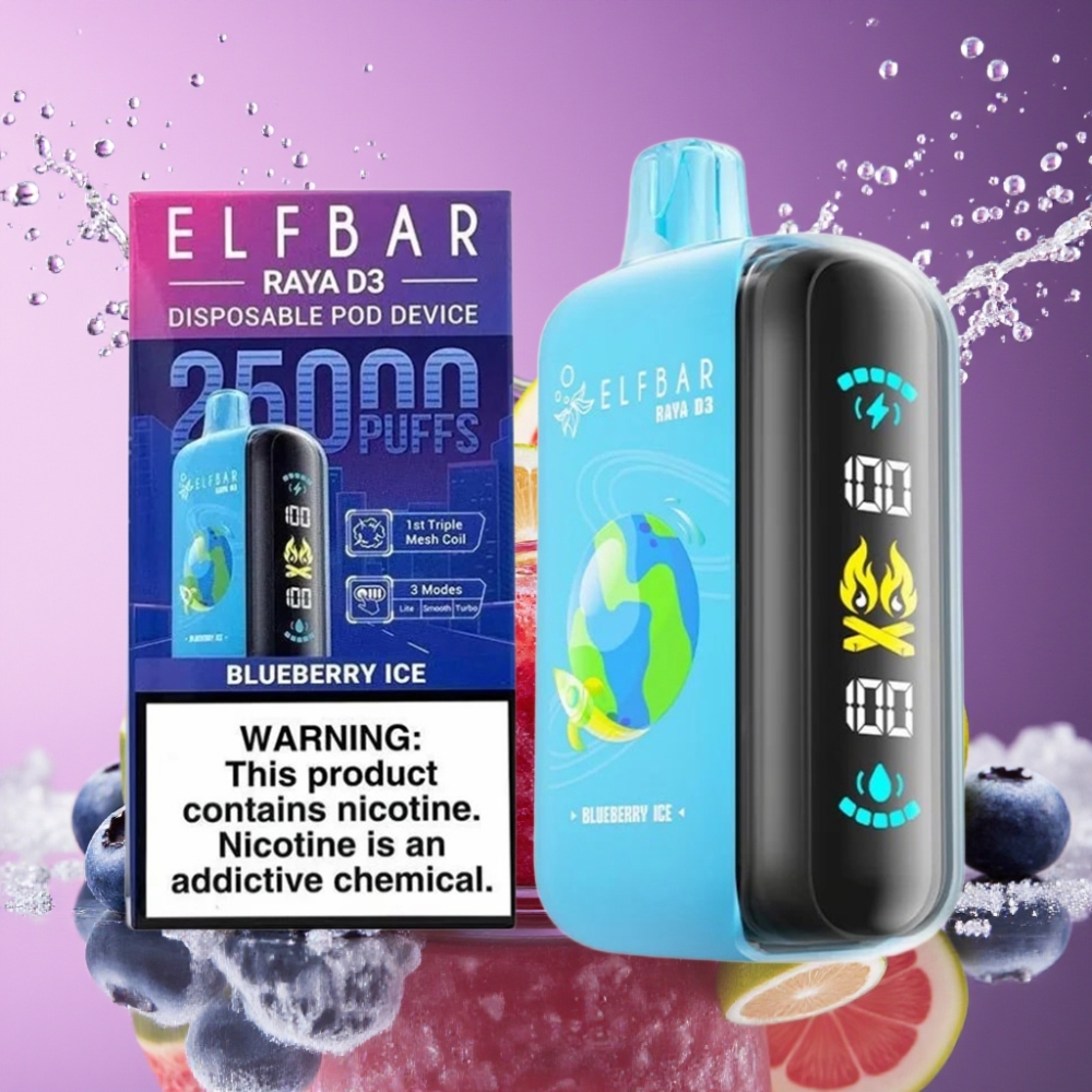 ELF BAR RAYA D3 25000 Puffs 23ml 5% Blåbær Is Opladbar Type-C Skærm Engros Danmark
