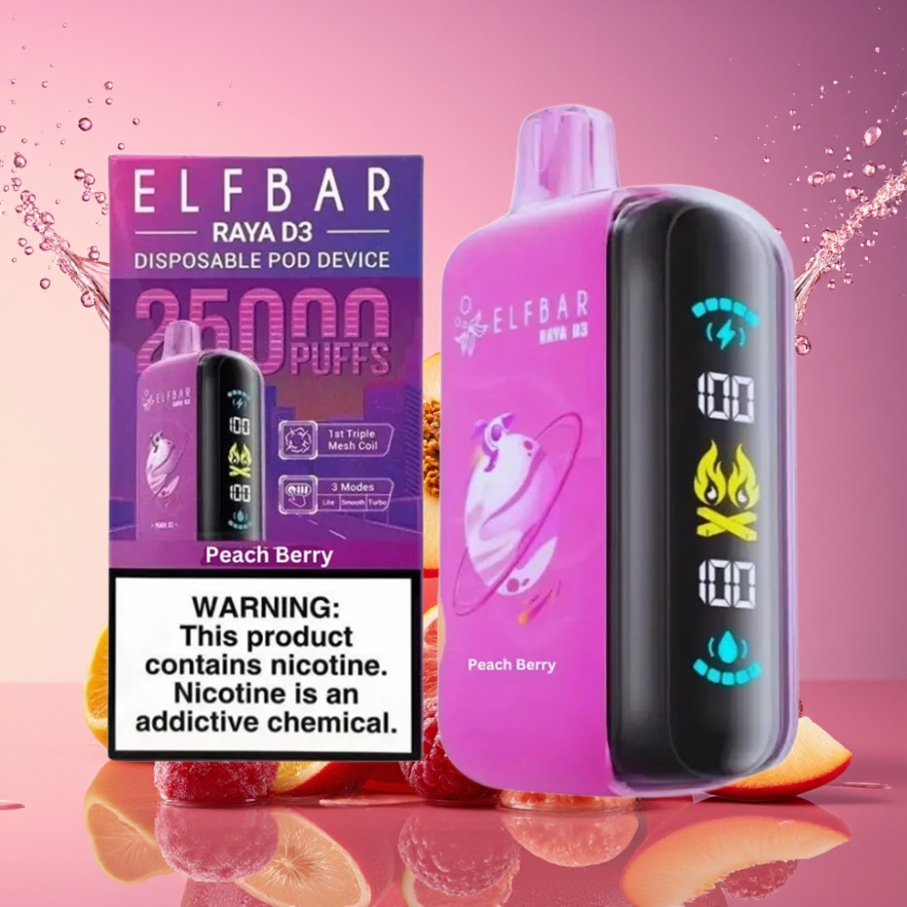 ELF BAR RAYA D3 25000 Puffs 850mAh 23ml 5% Type-C Fersken Bær parameter combination Engros Danmark