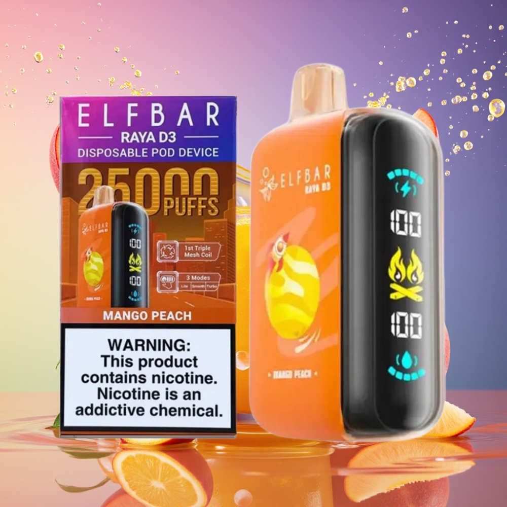 ELF BAR RAYA D3 25000 Pust Genopladelig Disposable Vape Mango Fersken 850mAh 23ml 5% Type-C Engros Danmark