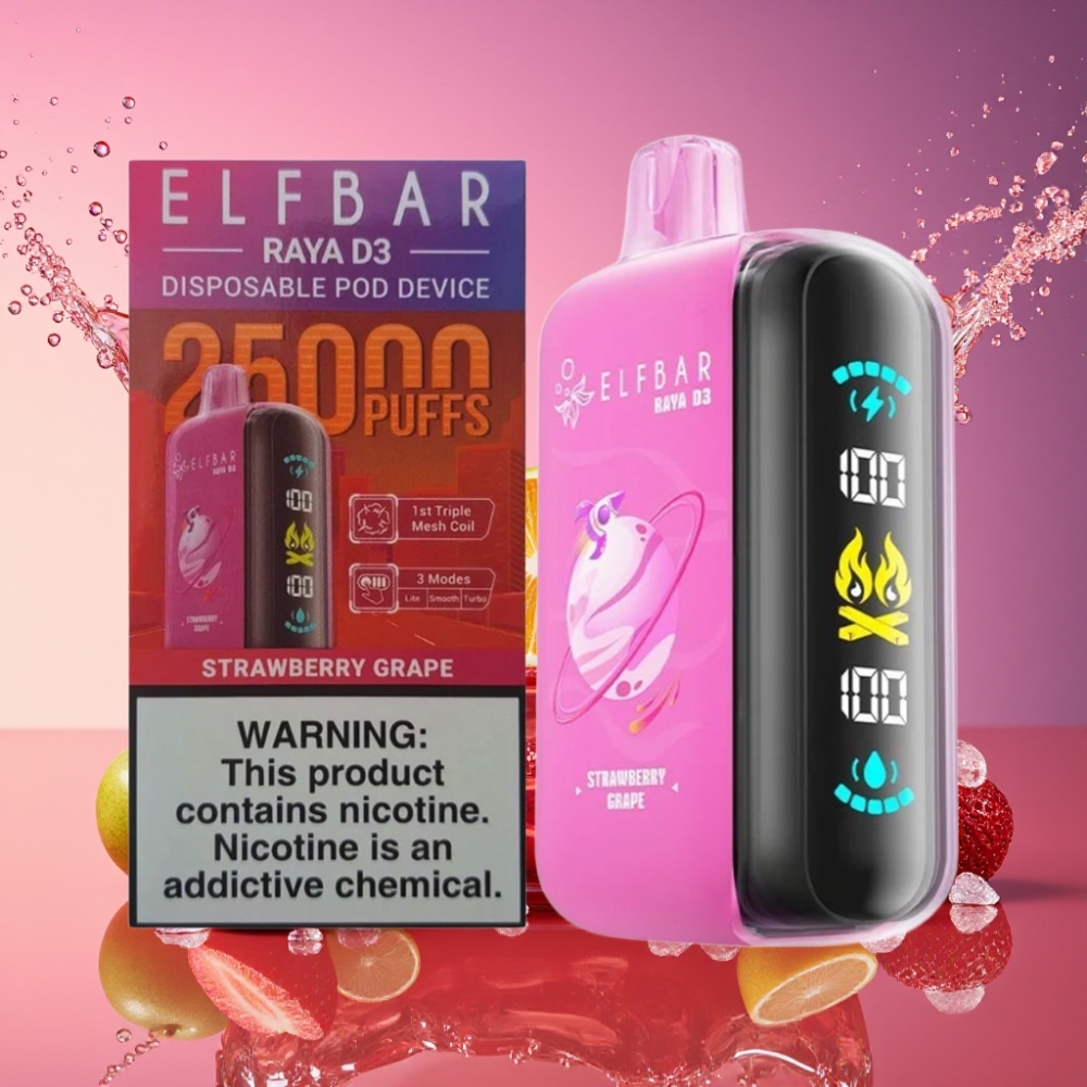 ELF BAR RAYA D3 25000 Pust Genopladelig E-cigaret Jordbær Drue 850mAh 23ml 5% Type-C Engros Danmark