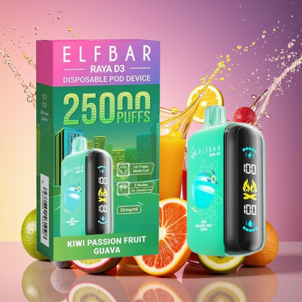 ELF BAR RAYA D3 25000 Pust Genopladelig Vape Kiwi Passionsfrugt Guava 850mAh 23ml 5% Type-C Engros Danmark